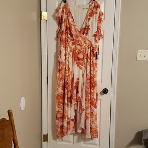 ELIZA J Coral, rust, & cream chiffon floral dress.